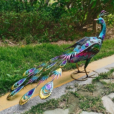 Handwerkslichter Hinterhof-Partei-Hochzeits-Solardekor Solarmetallpfau-Statue der im Freien angetriebener